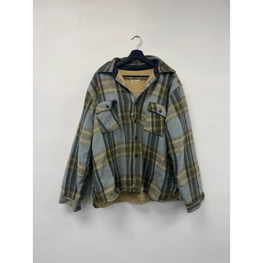 Vintage Kmart Shirt Jacket Mens XL Green Gray Plaid Sherpa Lined‎ Button Up 70s